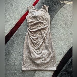 David Meister Gold Sequined Bow Accent Sheath Dress